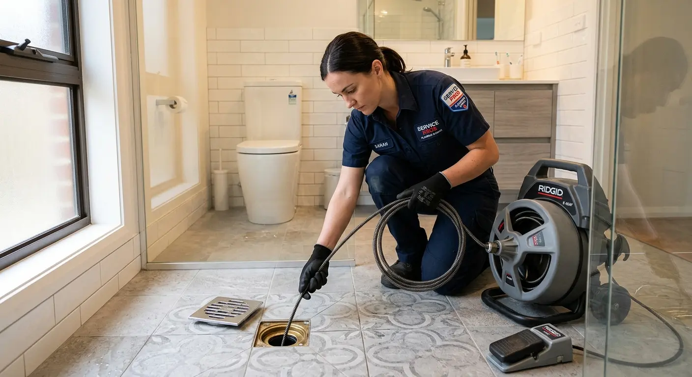 Technician clearing a bathroom floor drain for Sewer Line Replacement in Oak Hills